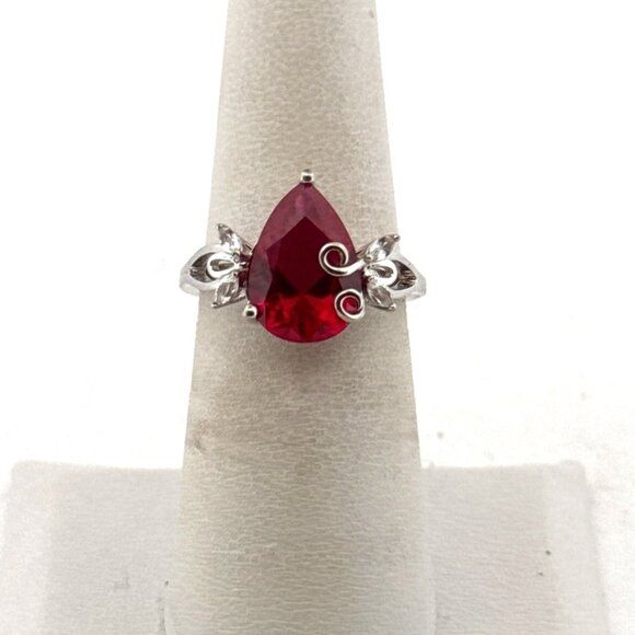 Estate Sterling Silver 925 Ring Pear Red Gemstone Teardrop Statement Size 6 - Picture 1 of 8
